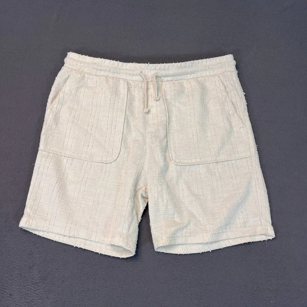 Primark Mens XL Textured Drawstring Shorts Cream Honeycomb Weave Feather Chicken